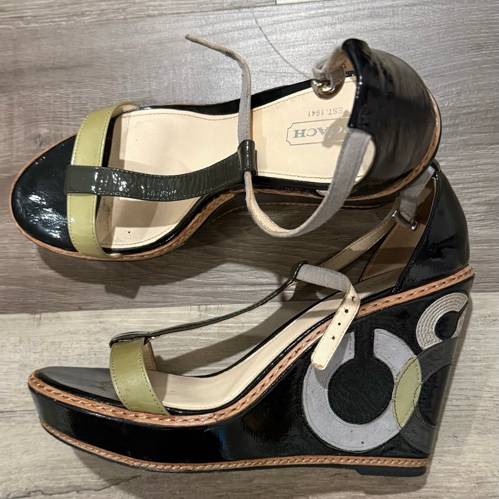 Coach Black and Olive Wedge Sandals
